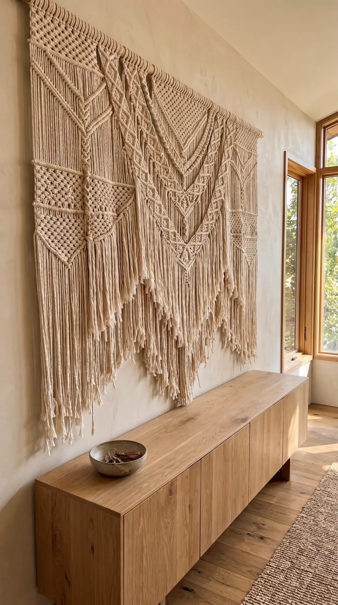 Massive cream and ivory macrame wall hanging spanning wide living room wall above low oak sideboard