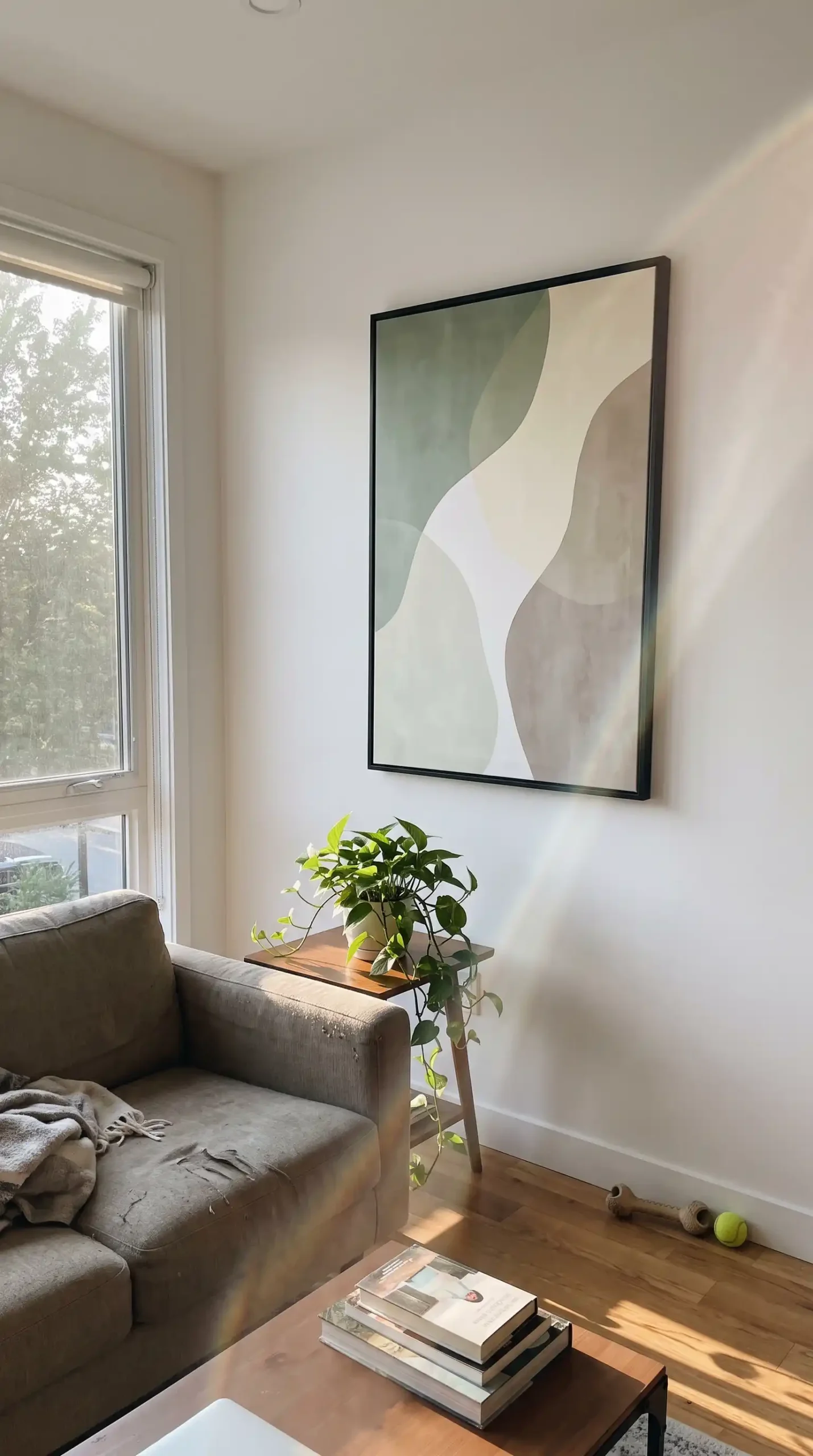 Large sage green and cream art print in black frame on white wall in modern living room