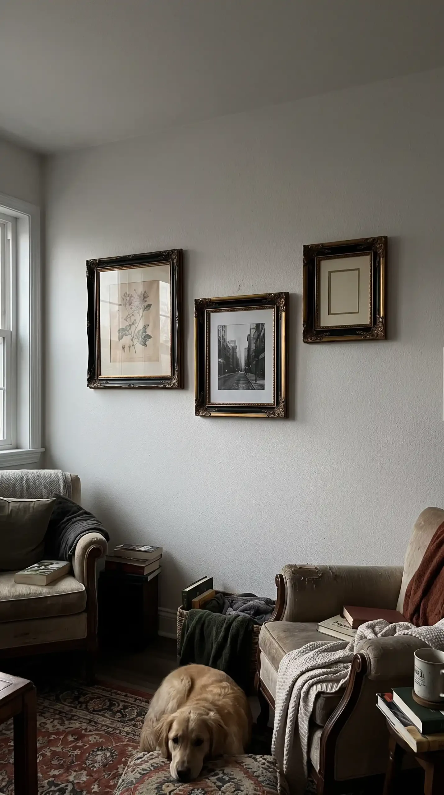 Mismatched black and gold vintage frames in casual cluster on white living room wall