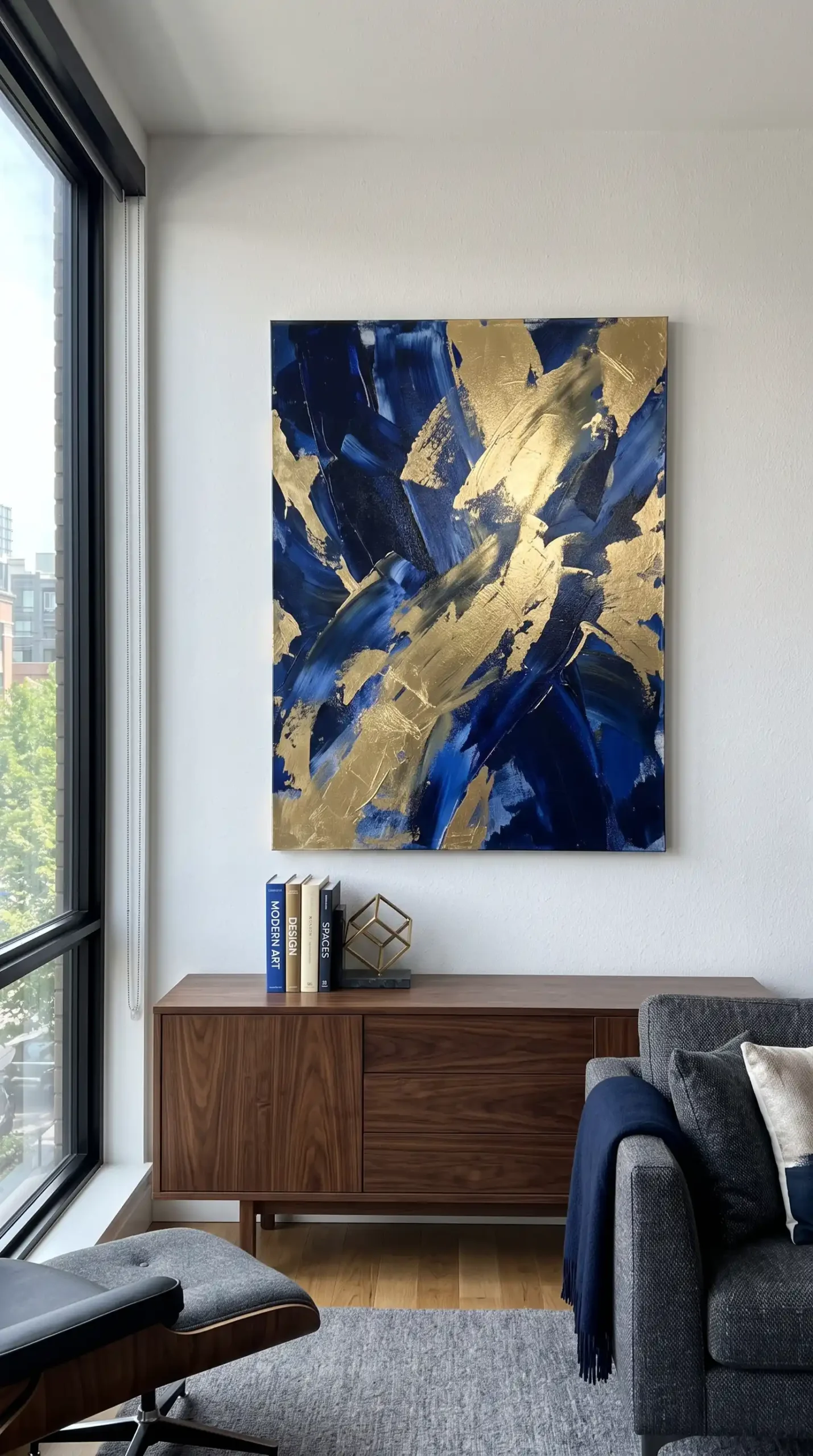 Large navy and gold abstract canvas hung on white wall above dark walnut sideboard in modern living room