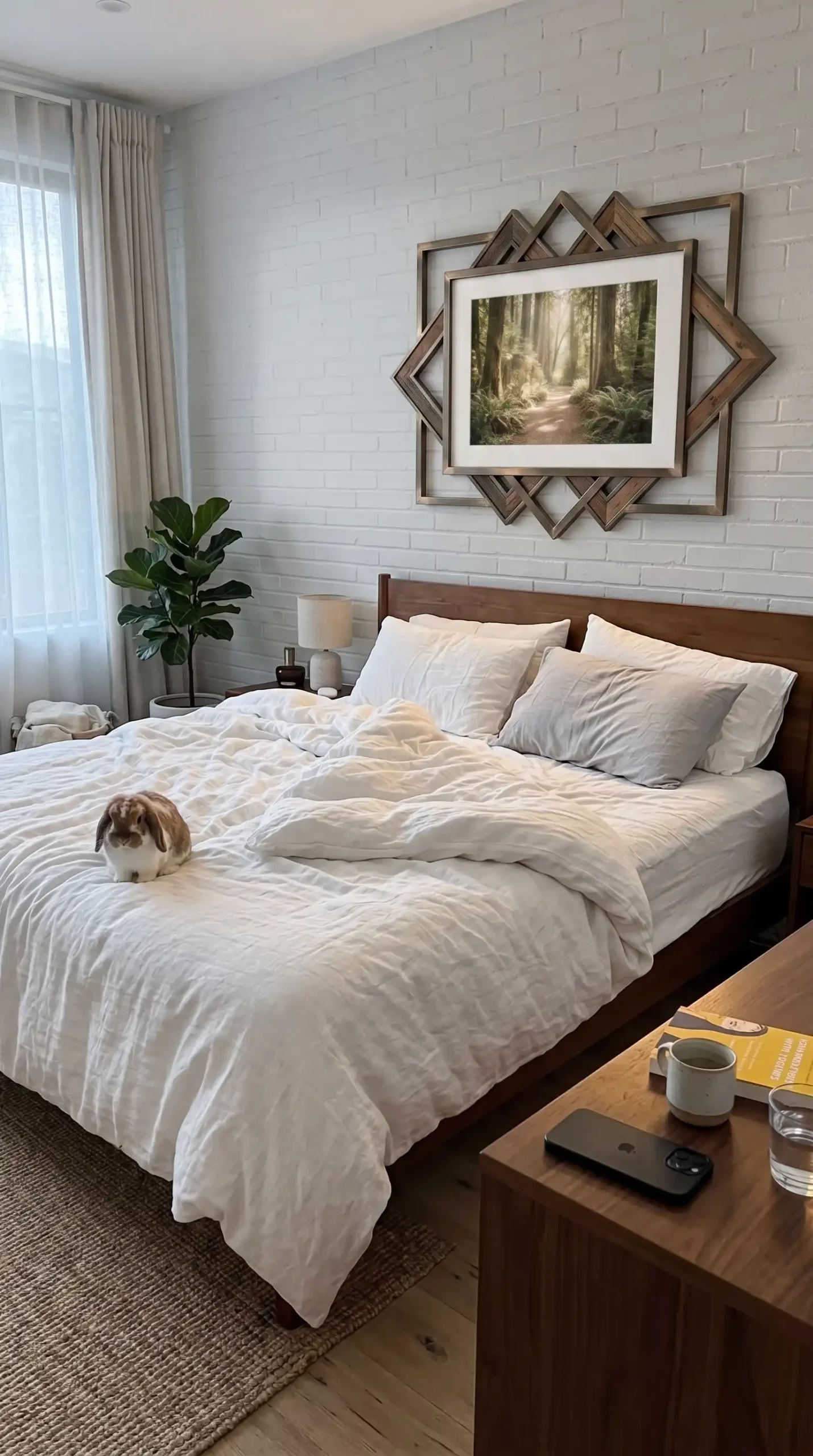 Warm white neon sign mounted on white wall above rumpled white linen bed in bright modern bedroom