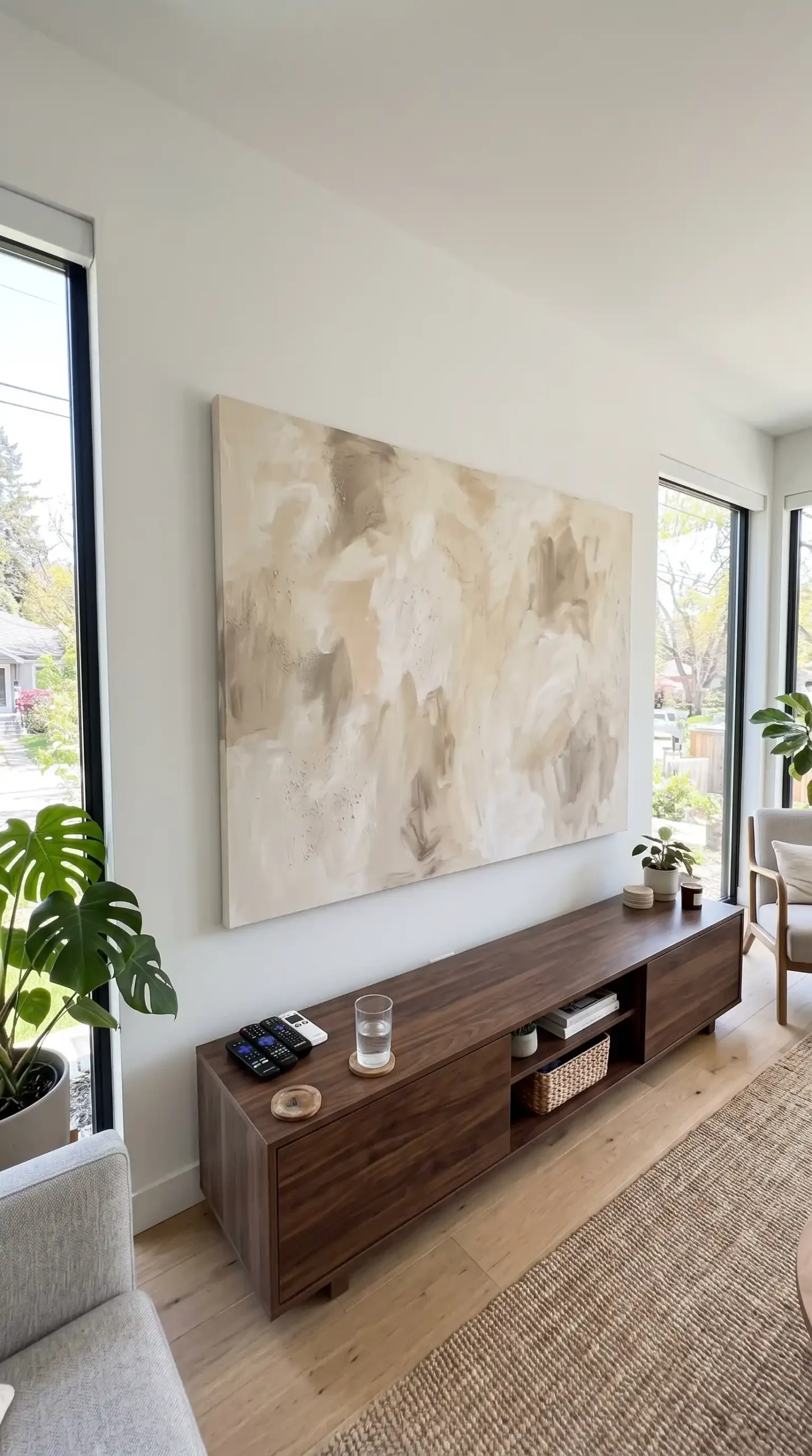 Single massive abstract cream and taupe canvas hung on large white wall above dark walnut media console