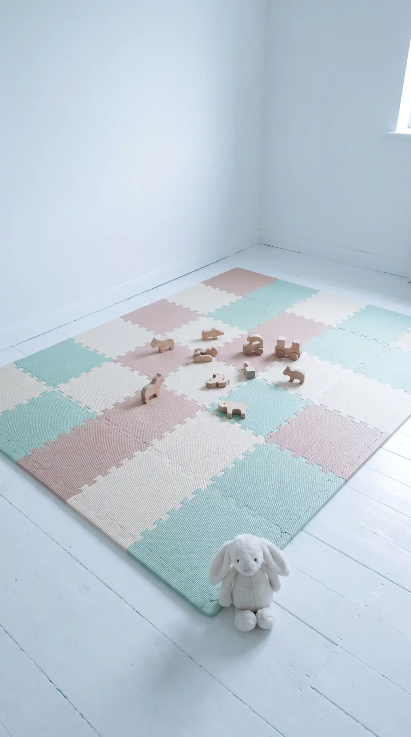 Large soft pastel foam puzzle play mat in mint blush and cream on white painted kids bedroom floor with wooden toys