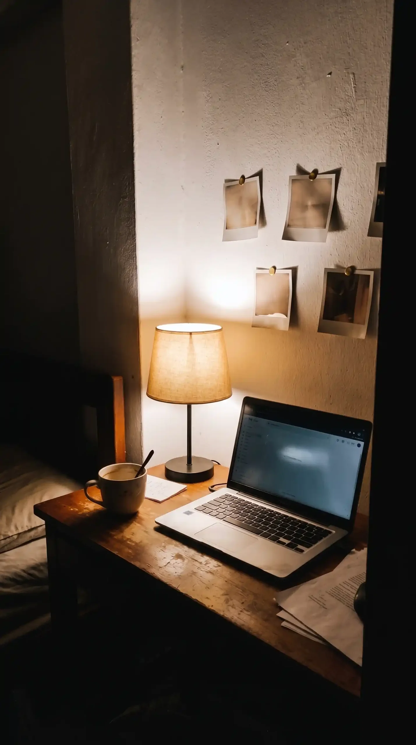 Casual cluster of polaroid photos pinned on white wall above wooden desk with laptop and coffee mug