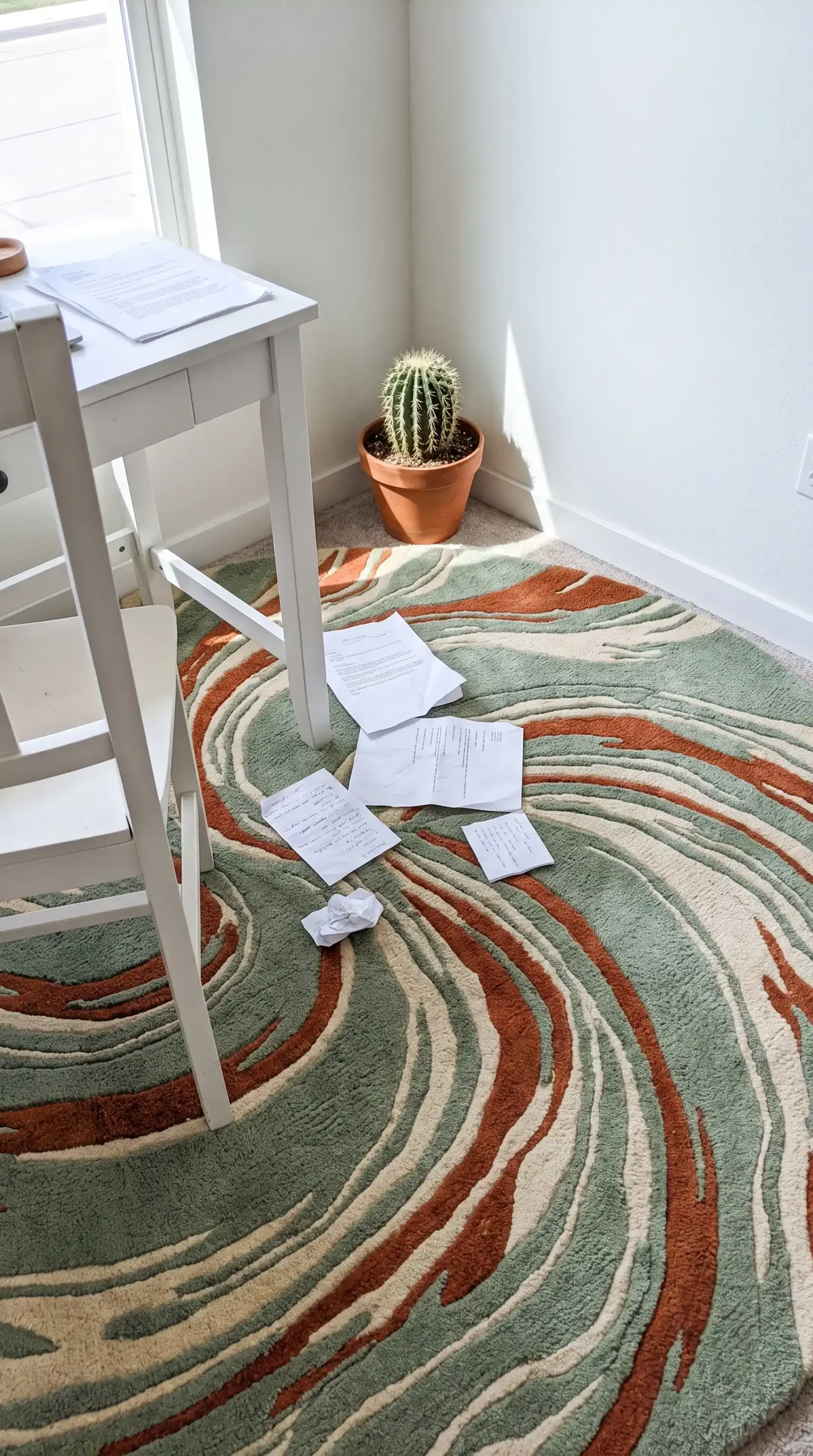 Large round multicolour hand tufted wool rug in sage green and rust under white desk in bright home office