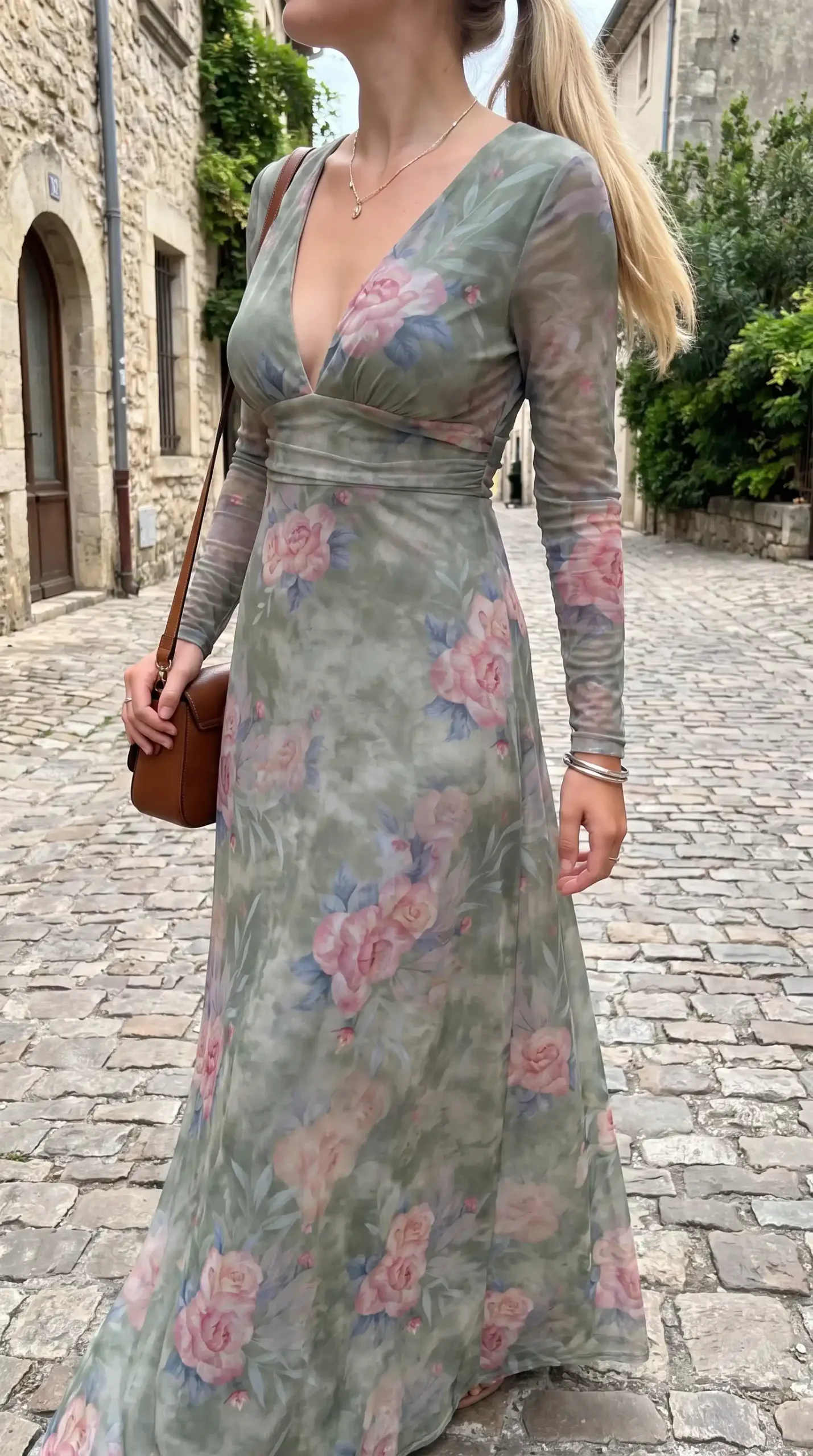 Woman wearing sage green pink floral mesh long sleeve maxi dress