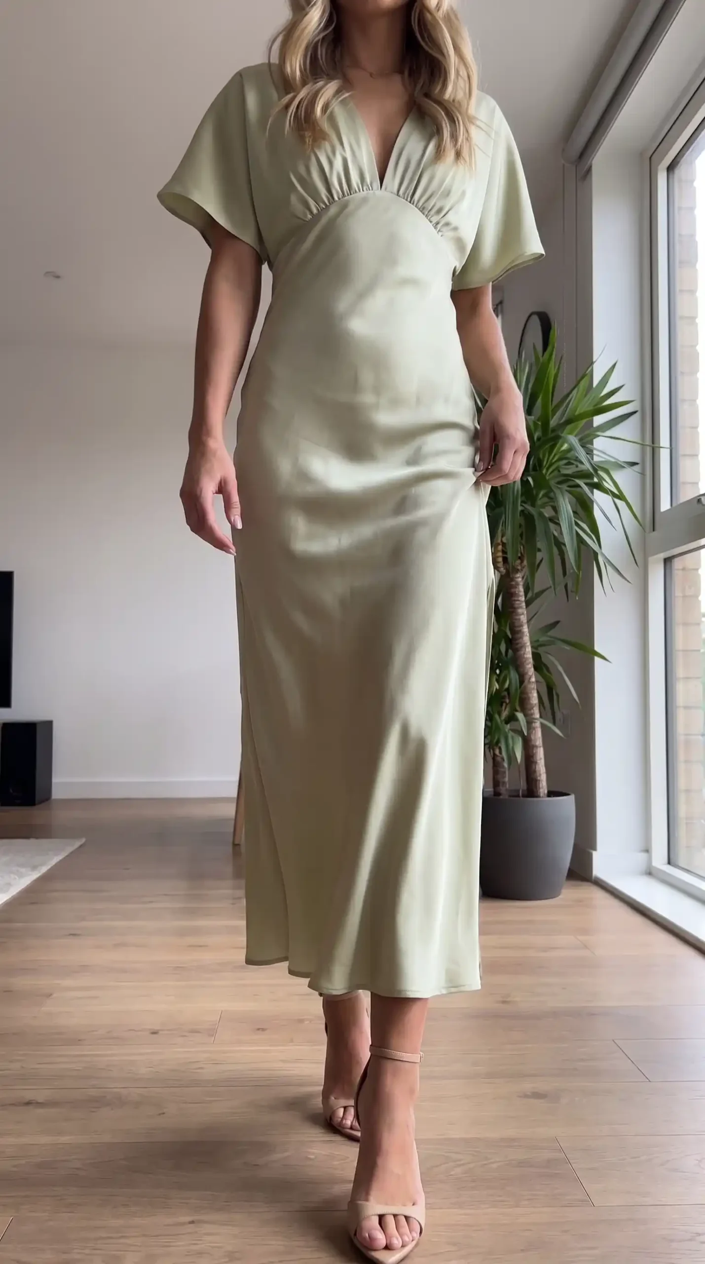 Woman wearing sage green satin v neck flutter sleeve midi dress with nude heels