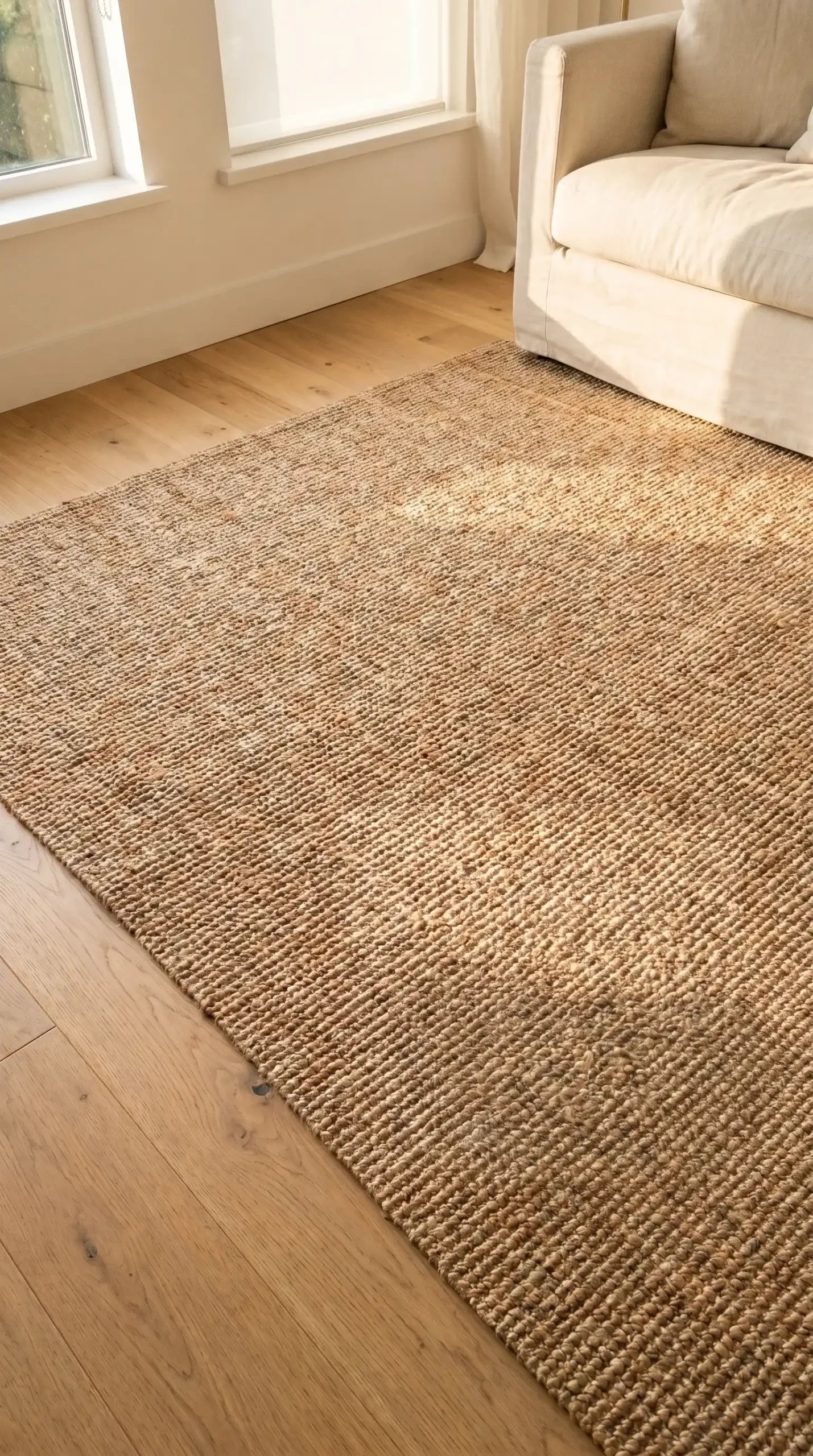 Natural seagrass rug with small wooden floor tray holding succulent and candle in minimal living room