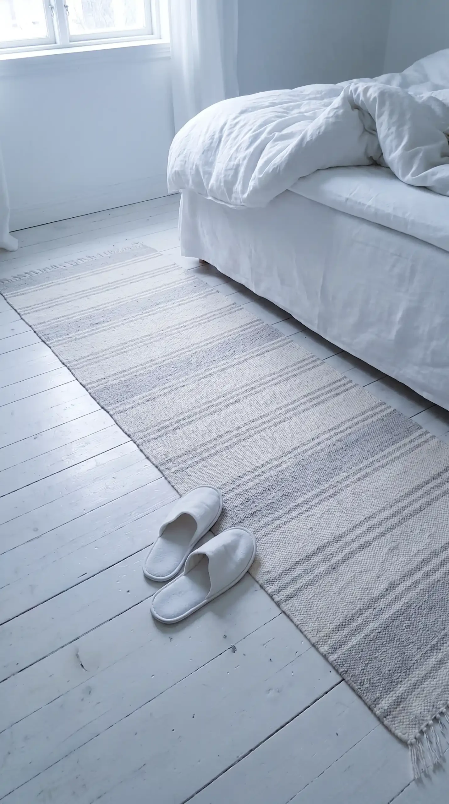 Slim cream and grey striped wool runner rug at foot of bed on white painted Scandinavian bedroom floor
