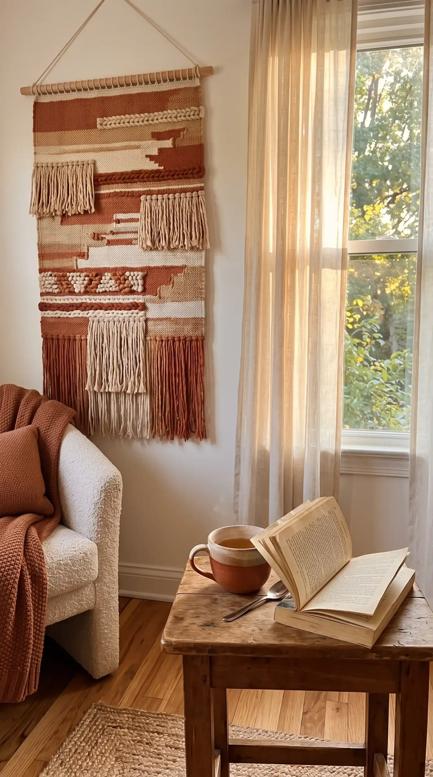 Large terracotta and cream woven textile wall hanging with fringe beside window in warm living room