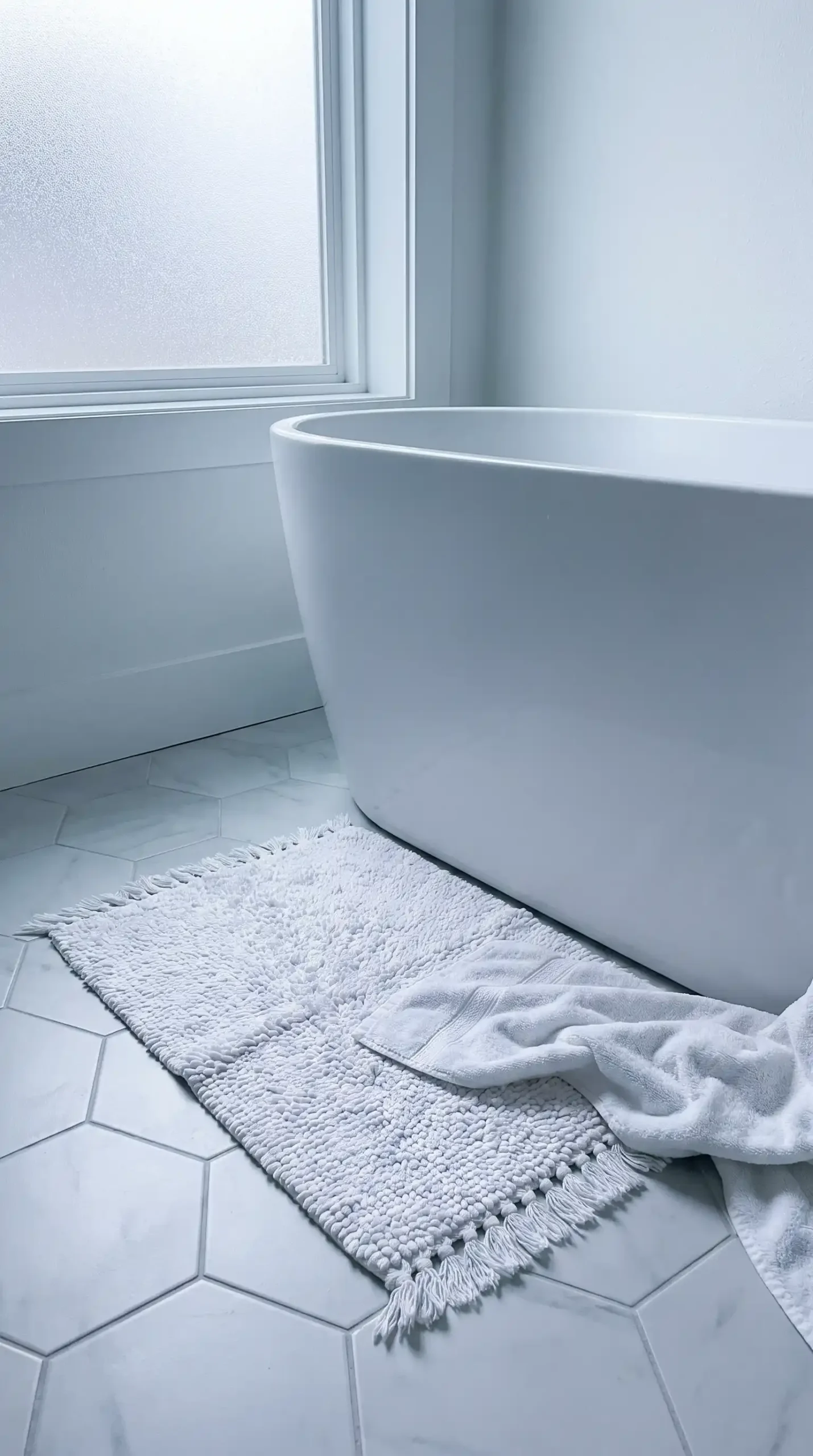 Small white tufted cotton bath mat with fringe in front of freestanding white bathtub on grey hexagon tile bathroom floor