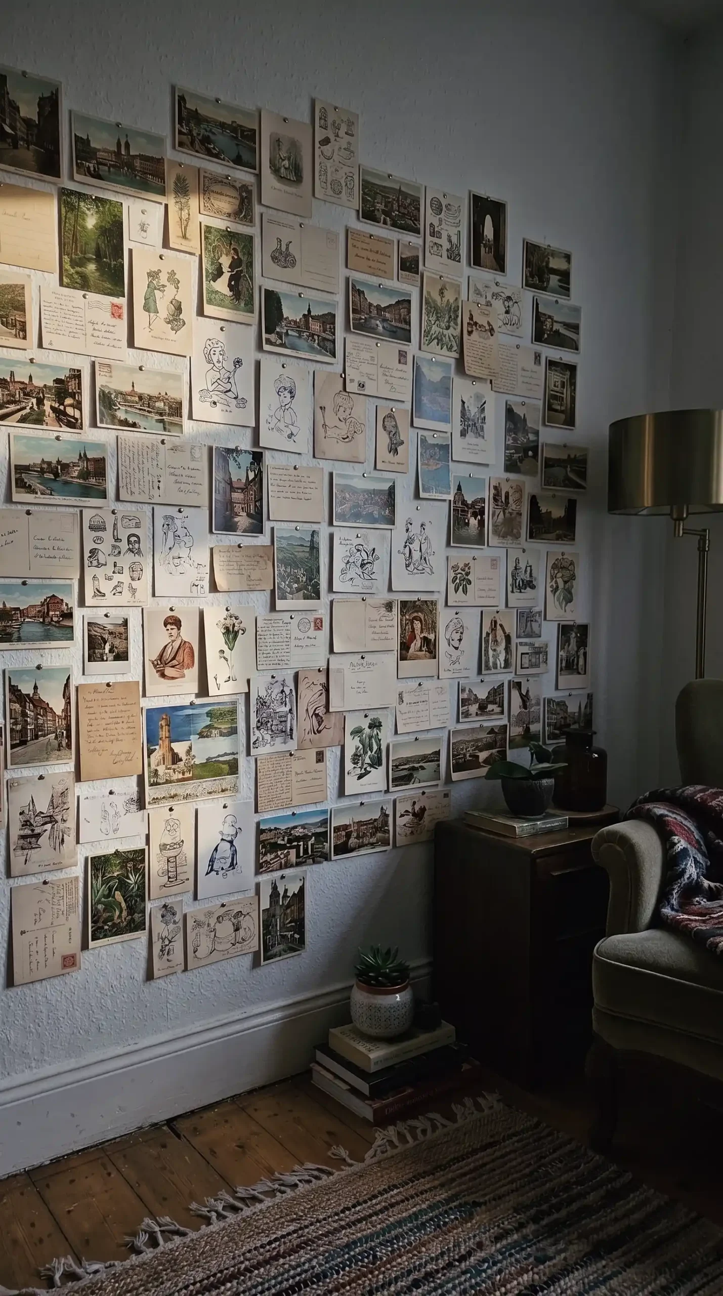 Floor to ceiling collection of vintage postcards and hand drawn sketches pinned on white living room wall
