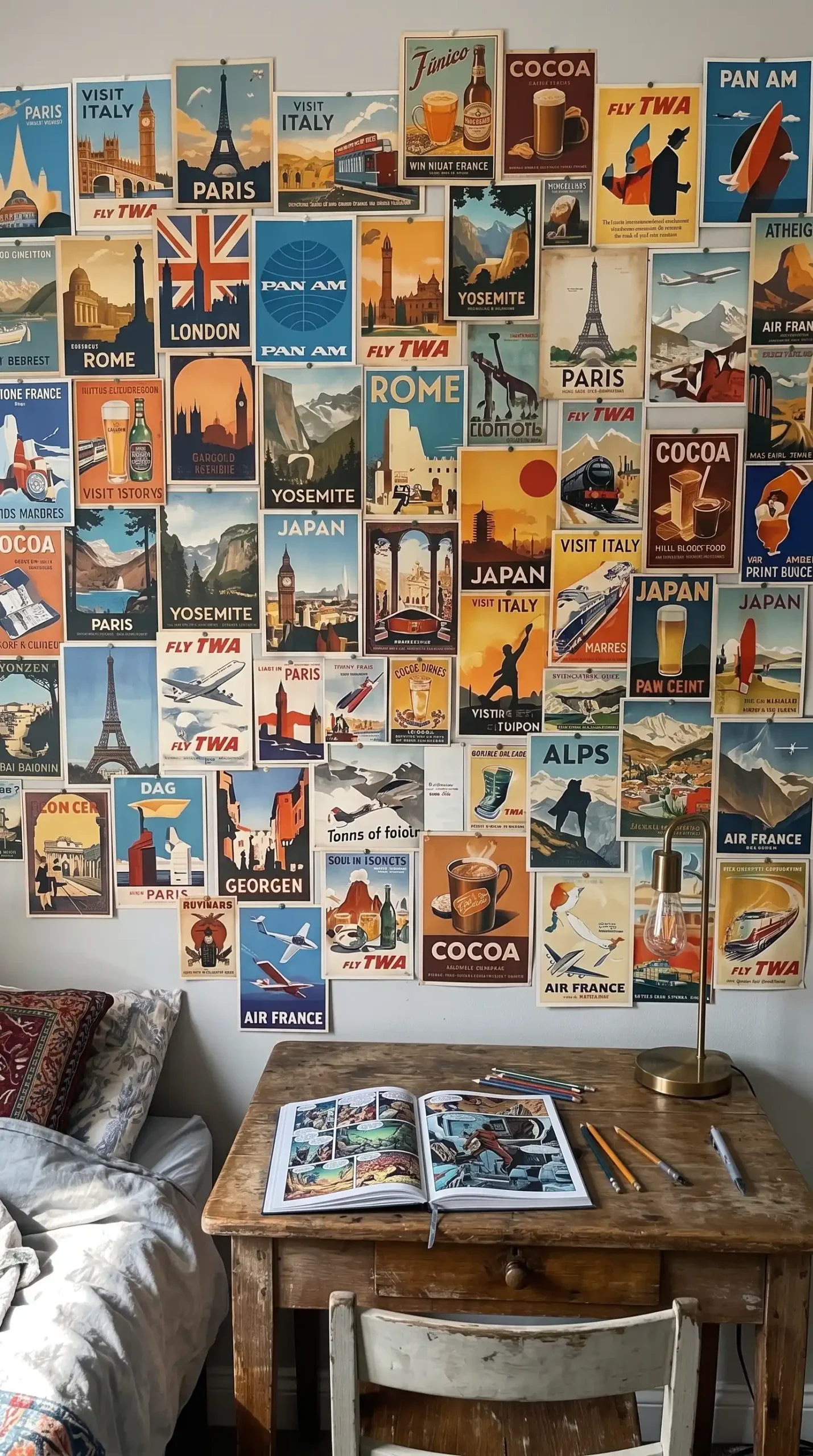 Dozens of vintage travel posters and retro prints overlapping in floor to ceiling collage across entire large bedroom wall
