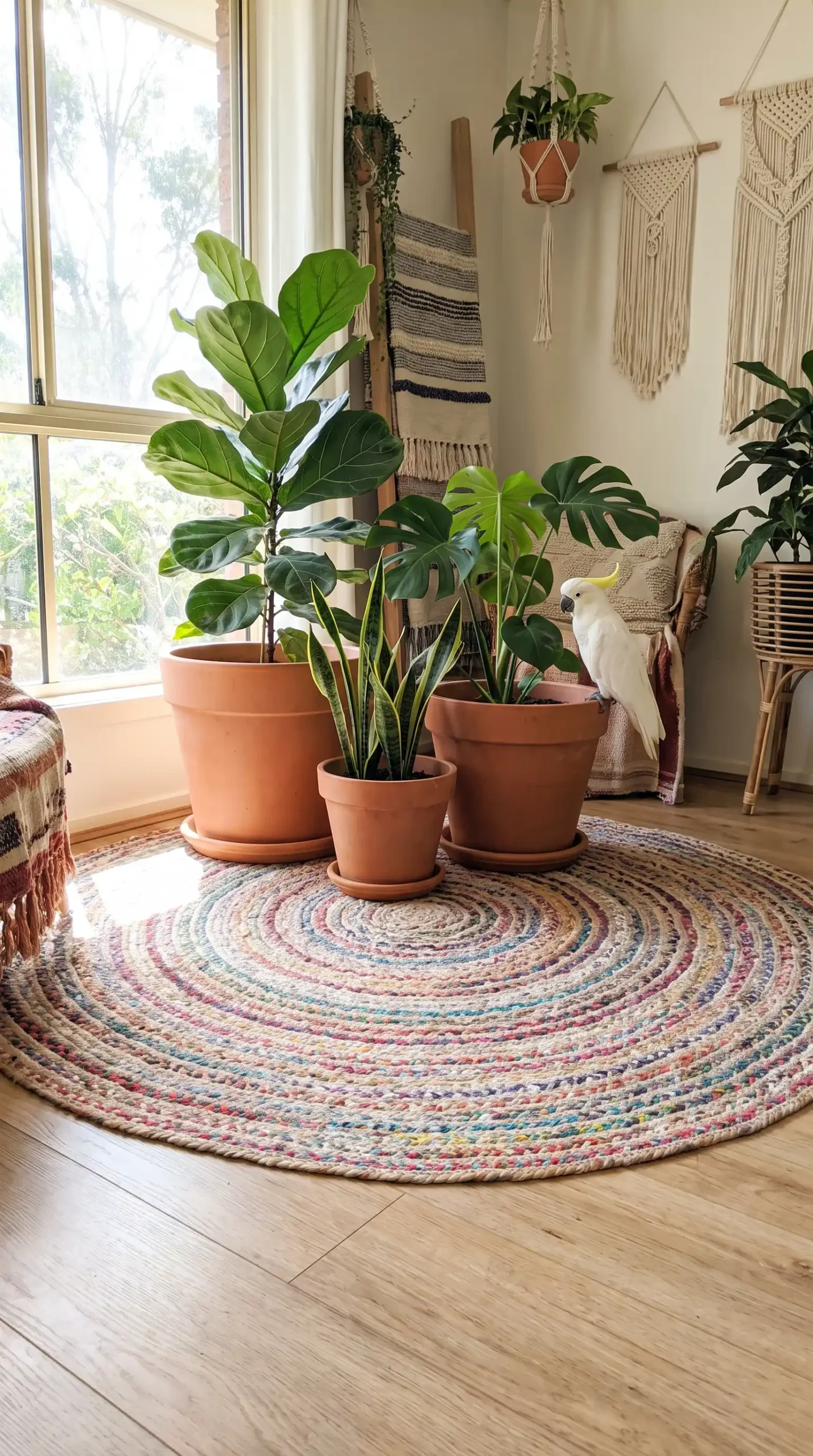 Large round faded multicolour woven flatweave rug with terracotta floor plants in bright boho living room