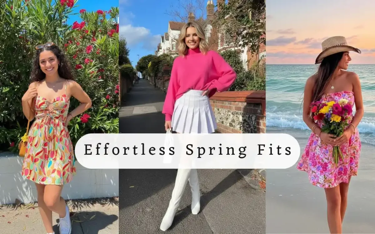 Three stylish spring outfits displayed.